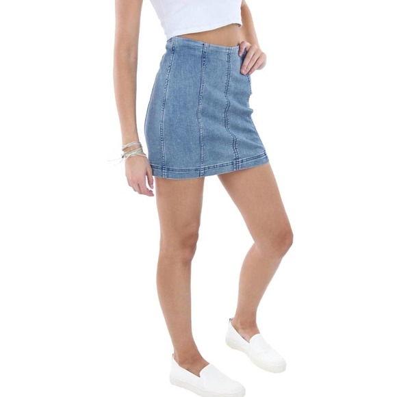 Free People Preppy Light Wash Zip Up Denim Mini Skirt In Size 12 - Picture 7 of 7